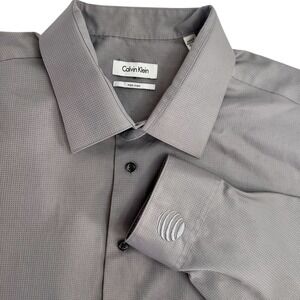 Calvin Klein‎ Dress Shirt Mens 3XL Grey Non-Iron Micro-Check Long Sleeve Logo